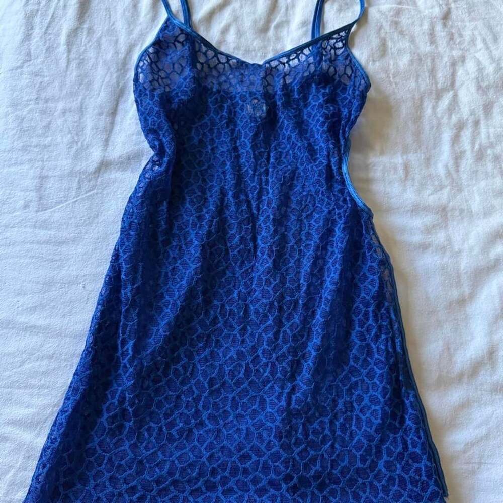 Frederick's of Hollywood Blue Lace Slip Dress Size M Y2K